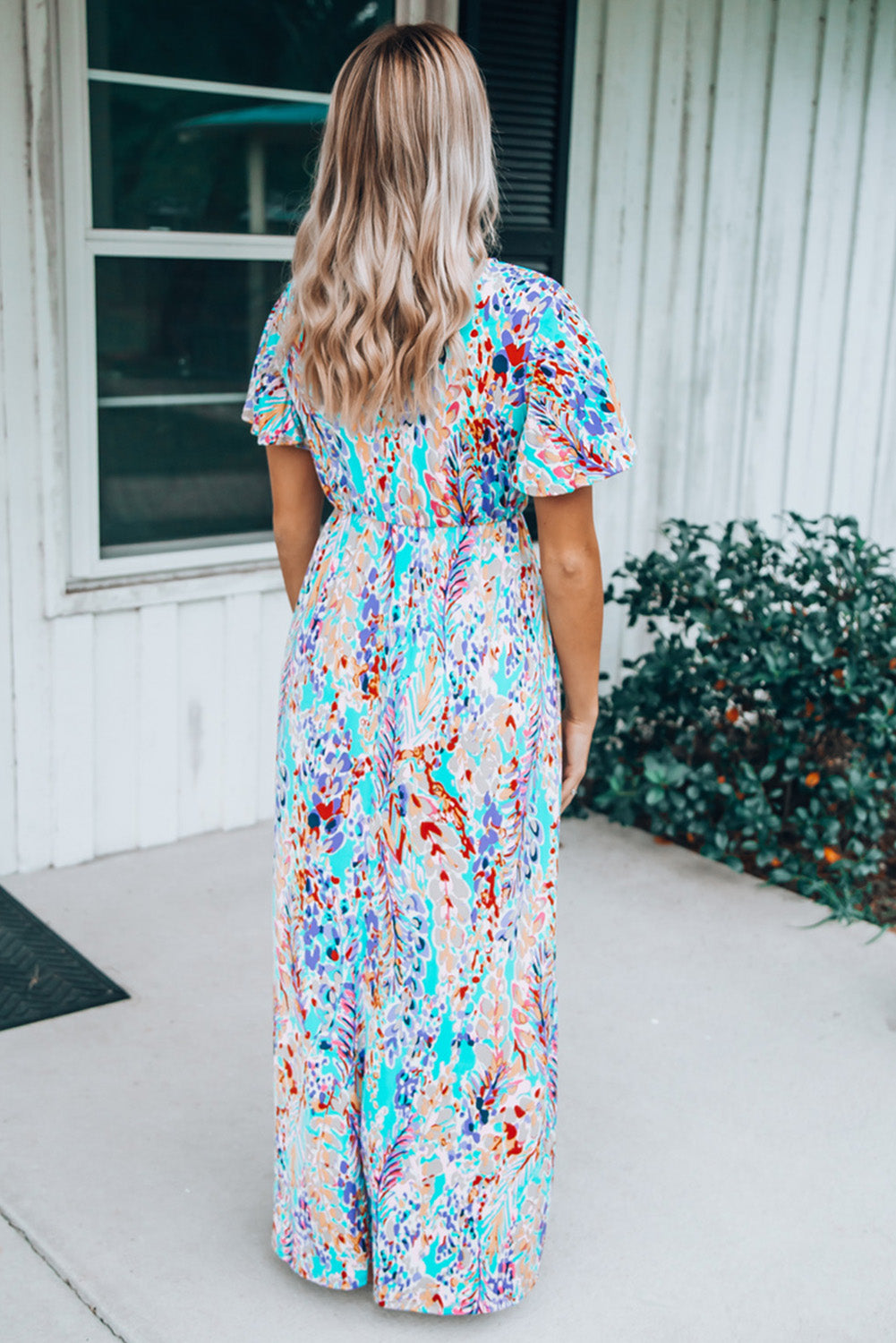 Blue Wrap V Neck Floral Maxi Dress