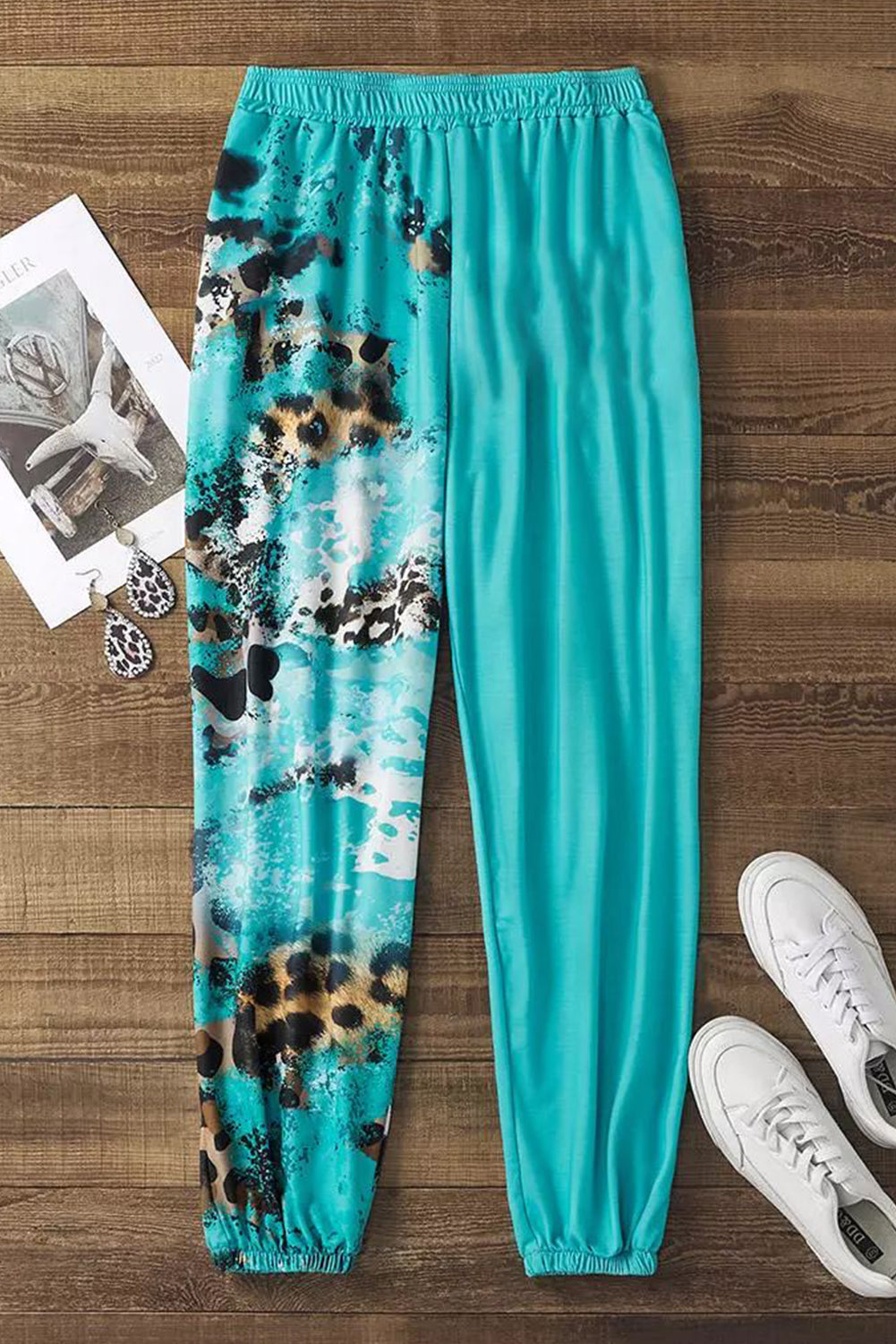 Light Blue Contrast Leopard Tie-dye Print Jogger Pants