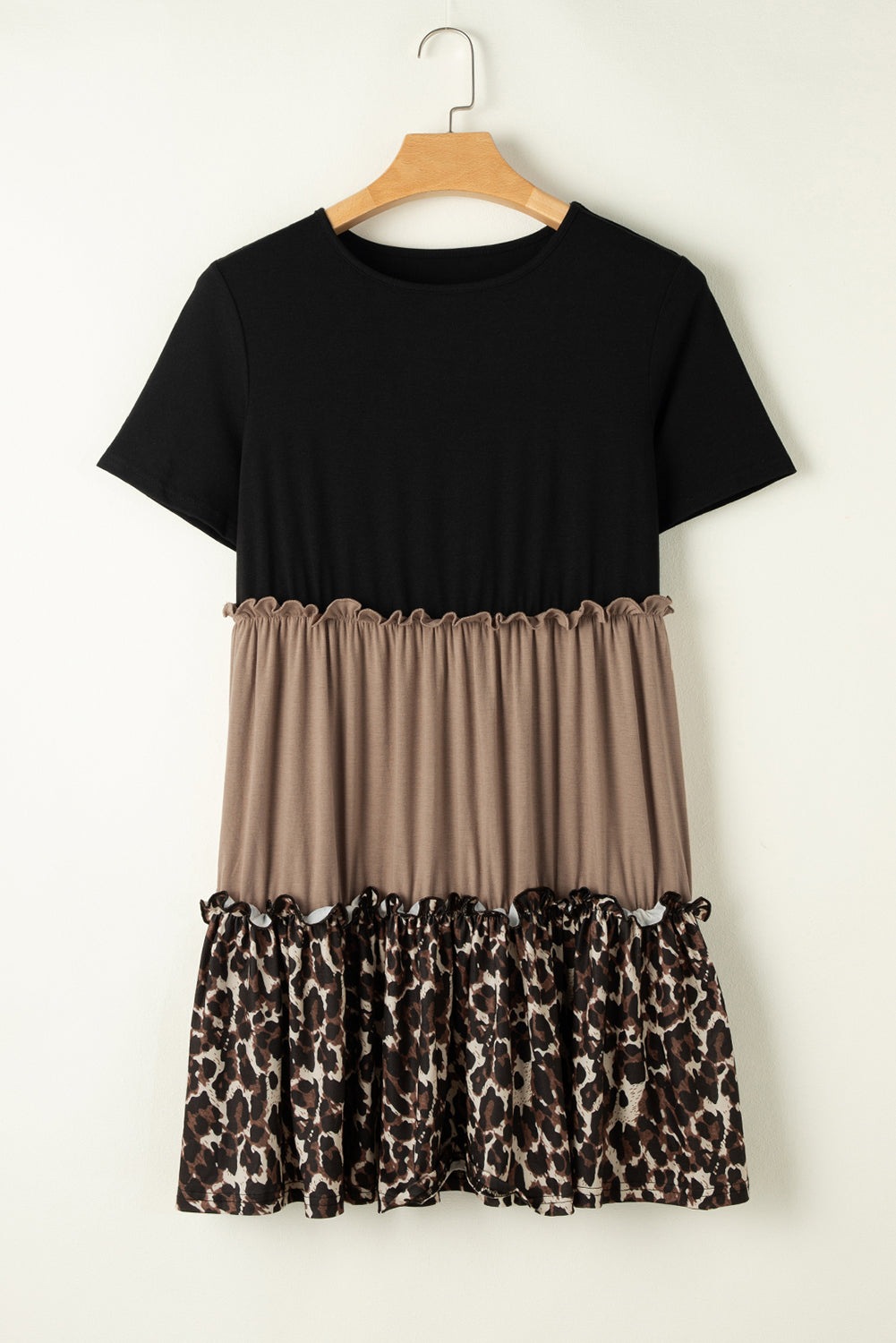 Light French Beige Leopard Print Colorblock Frill Trim T-shirt Dress