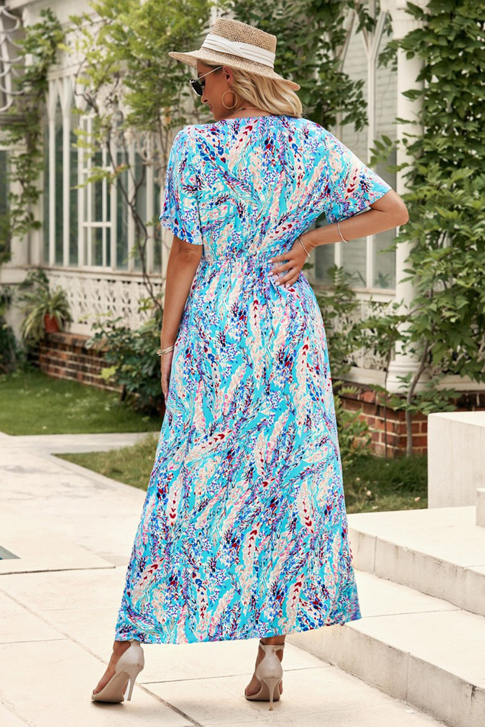 Blue Wrap V Neck Floral Maxi Dress