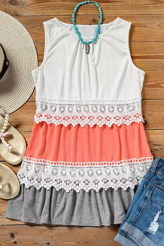 White Crochet Lace Trim Color Block Tank Top