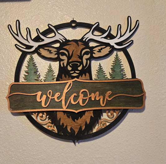 Rustic Deer Welcome Sign – Layered Wood Cabin Wall Decor