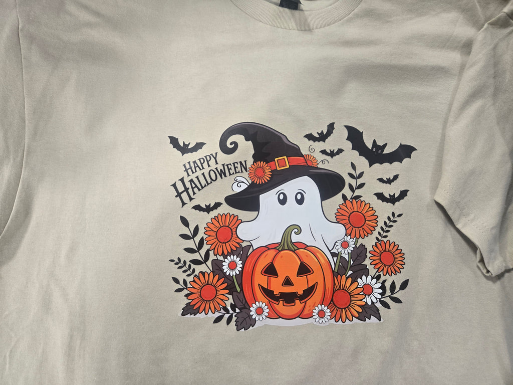 Happy Halloween with ghost, pumpkins, and bats.