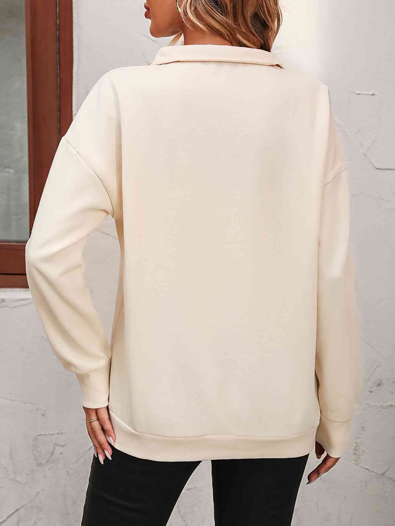 Cream Zip-Up Dropped Shoulder Sweatshirt