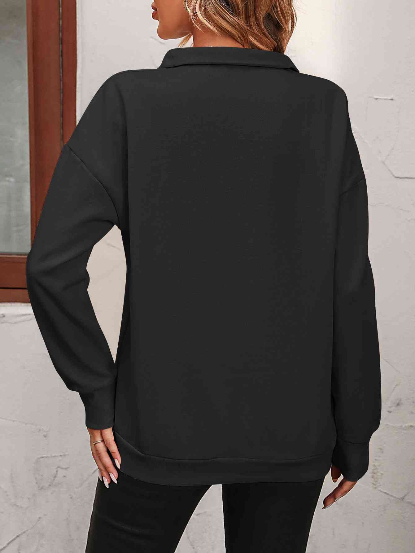Black Zip-Up Dropped Shoulder Sweatshirt
