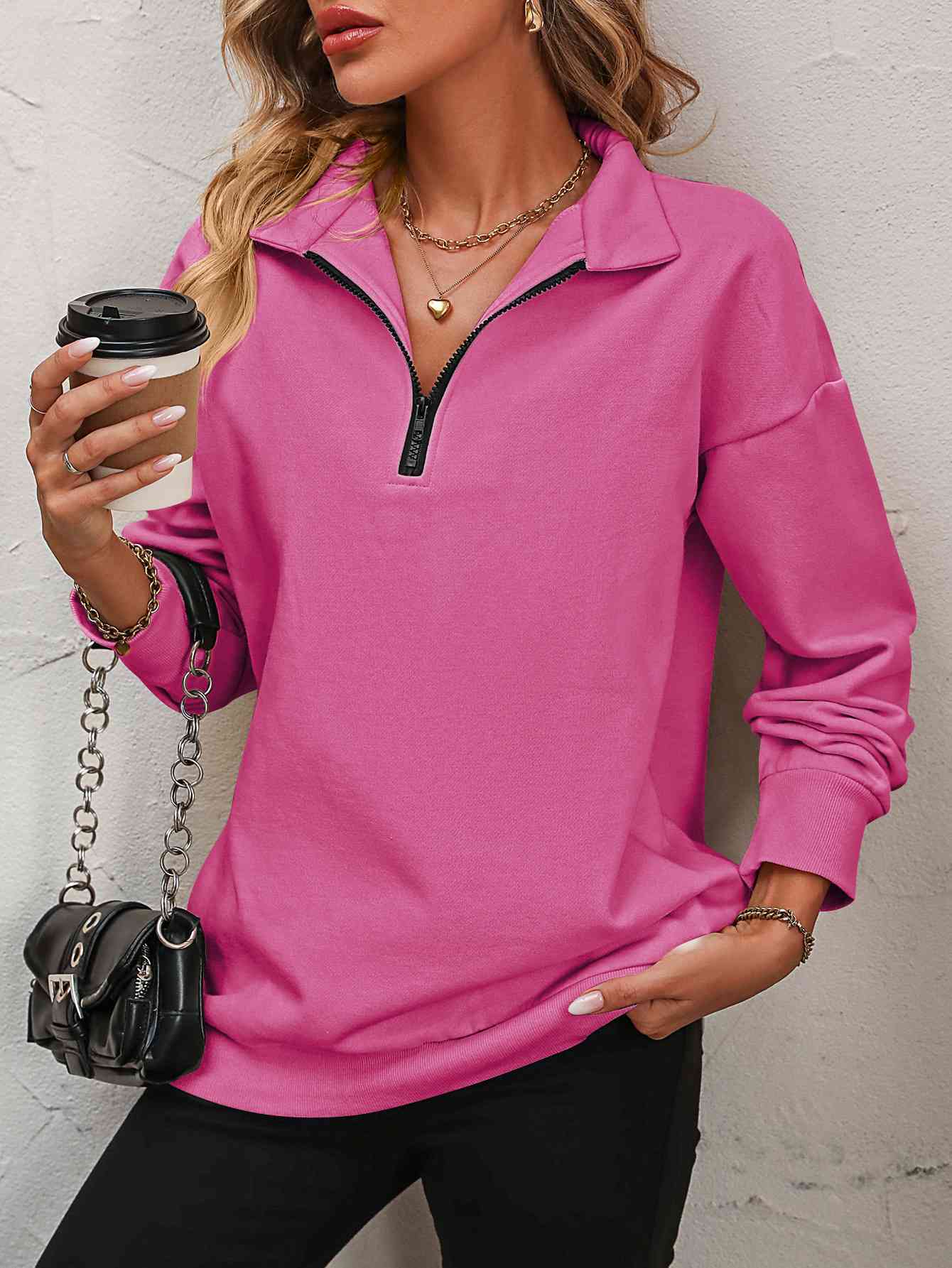 Pink Zip-Up Dropped Shoulder Sweatshirt