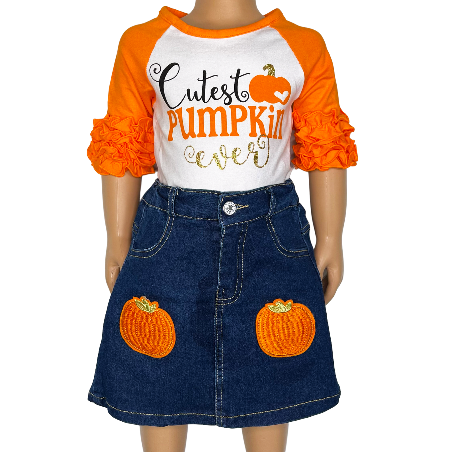Girls Cutest Pumpkin T-Shirt and Jean Skirt Fall Thanksgiving-5