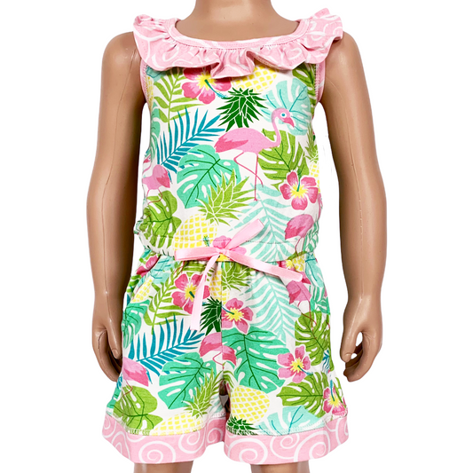 AnnLoren Little & Big Girls Pink Flamingo Palm Tree Kids Shorts Jumpsuit-0