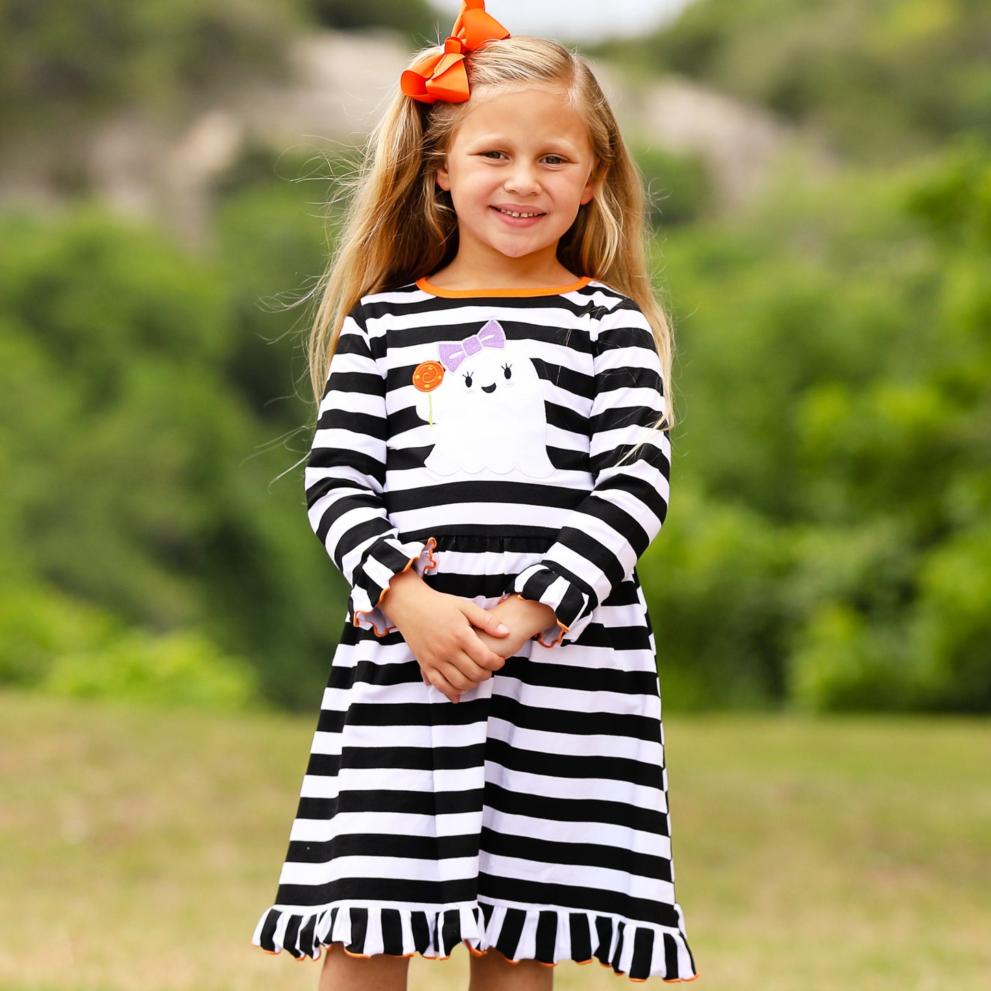AnnLoren Girls Boutique Friendly Ghost Striped Halloween Cotton Dress-1