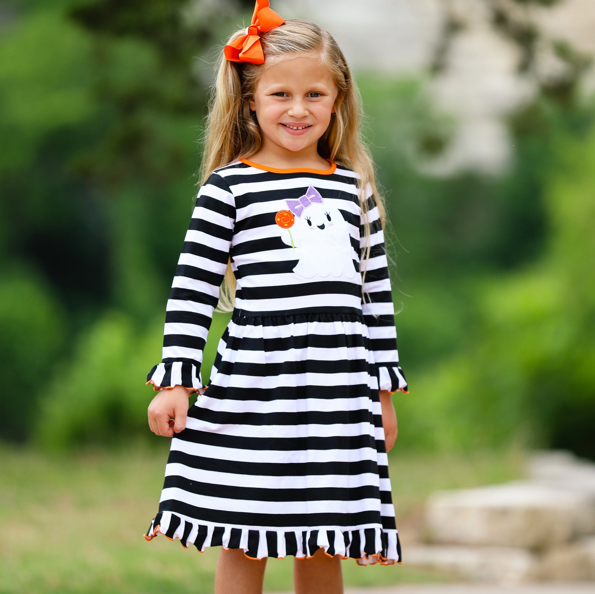AnnLoren Girls Boutique Friendly Ghost Striped Halloween Cotton Dress-3
