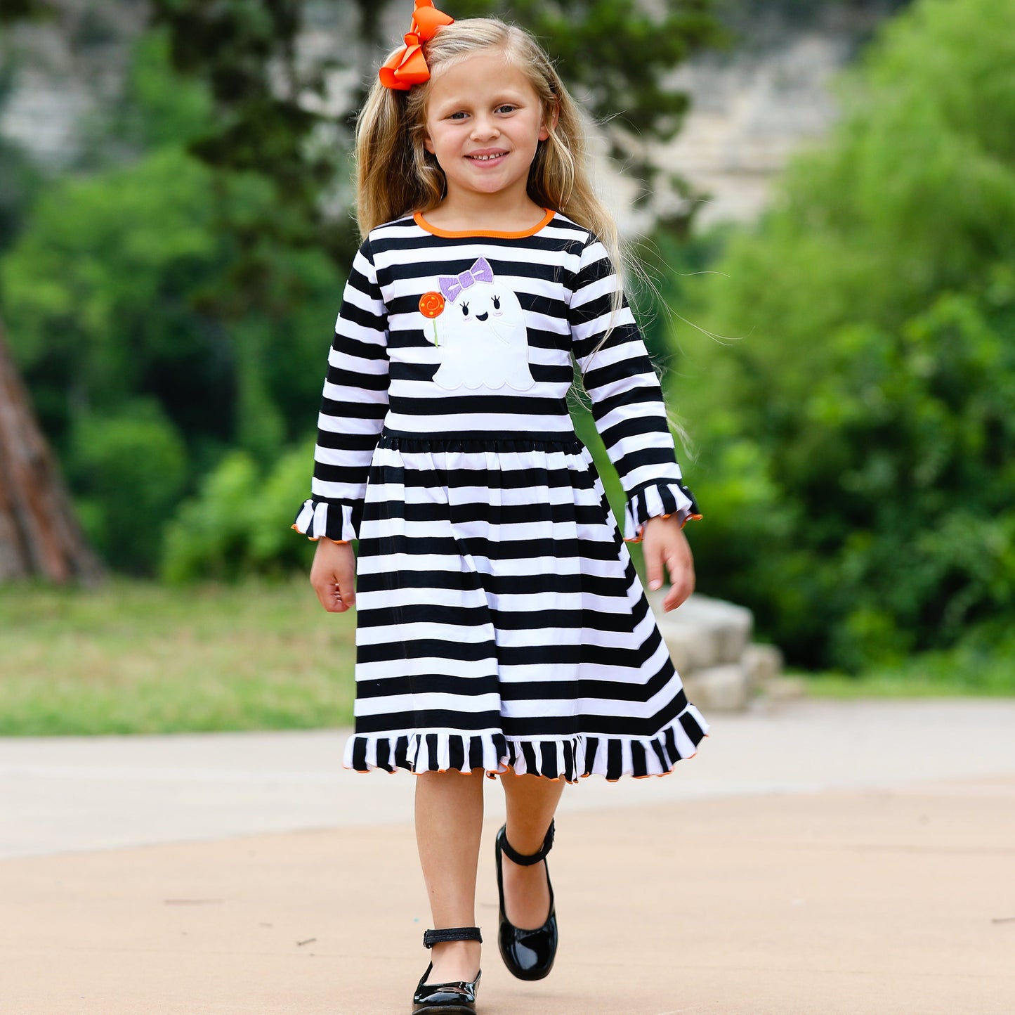 AnnLoren Girls Boutique Friendly Ghost Striped Halloween Cotton Dress-2