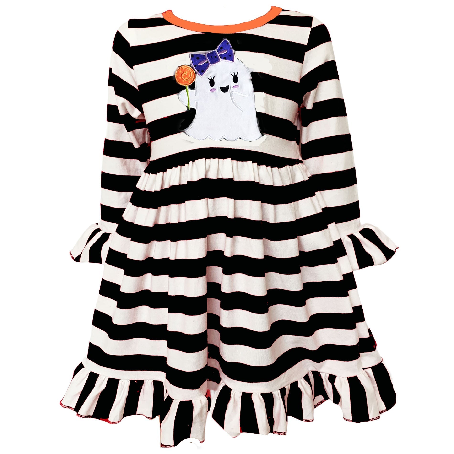 AnnLoren Girls Boutique Friendly Ghost Striped Halloween Cotton Dress-0