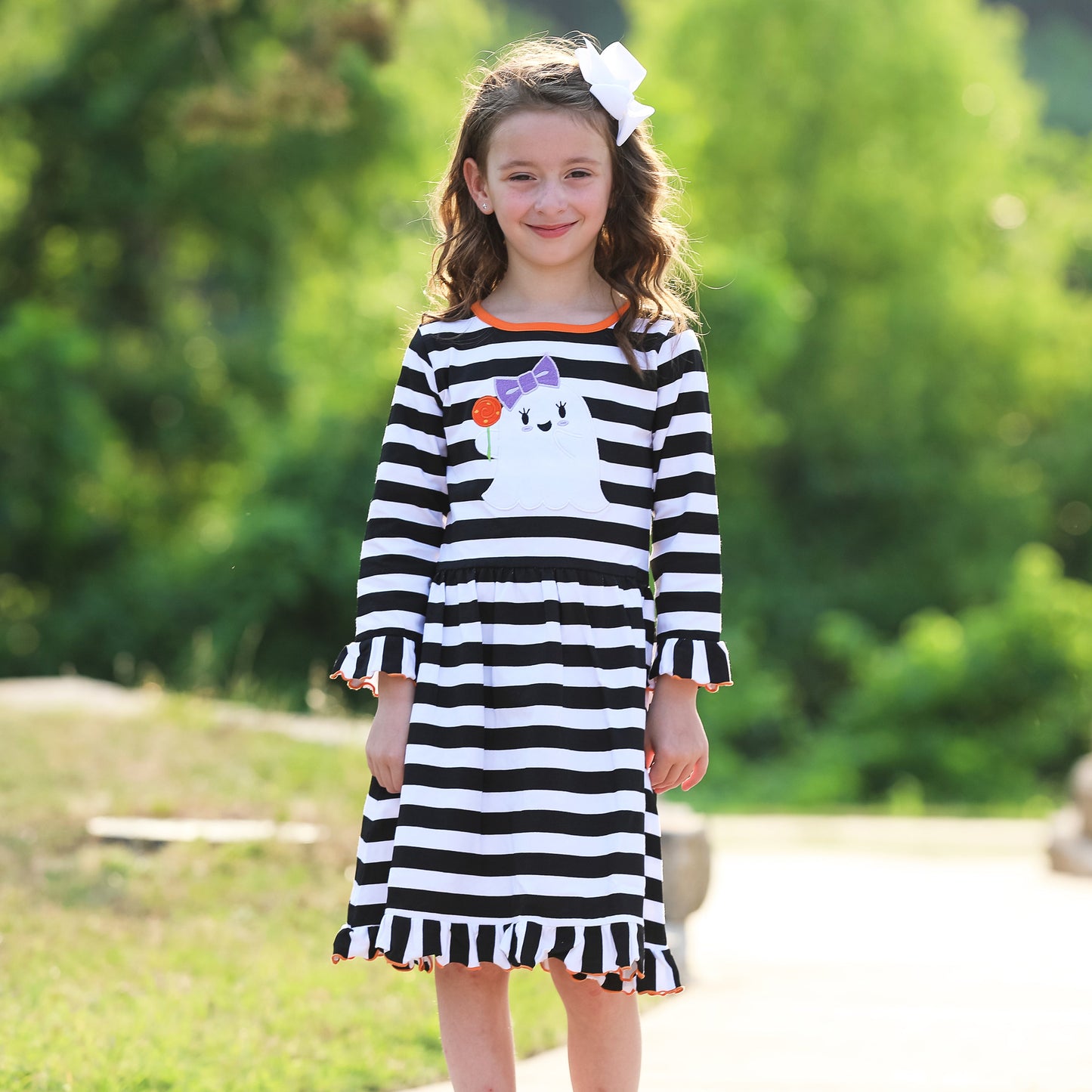 AnnLoren Girls Boutique Friendly Ghost Striped Halloween Cotton Dress-4