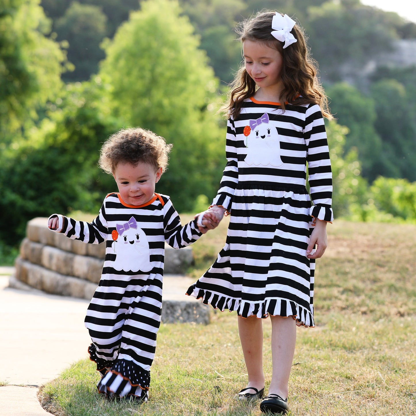 AnnLoren Girls Boutique Friendly Ghost Striped Halloween Cotton Dress-5