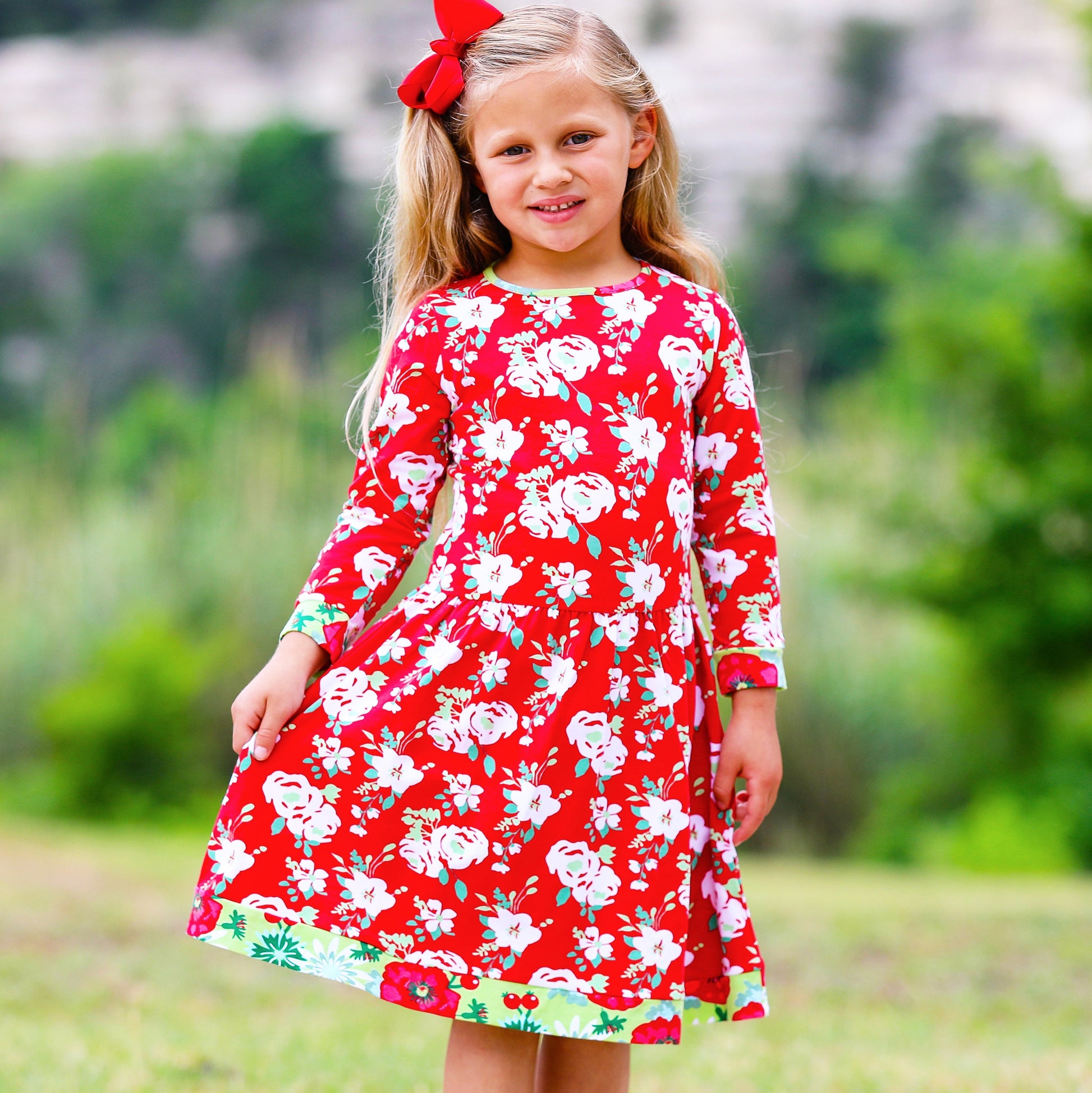 AnnLoren Girls Boutique Christmas Floral Long Sleeve Cotton Party Dress-1