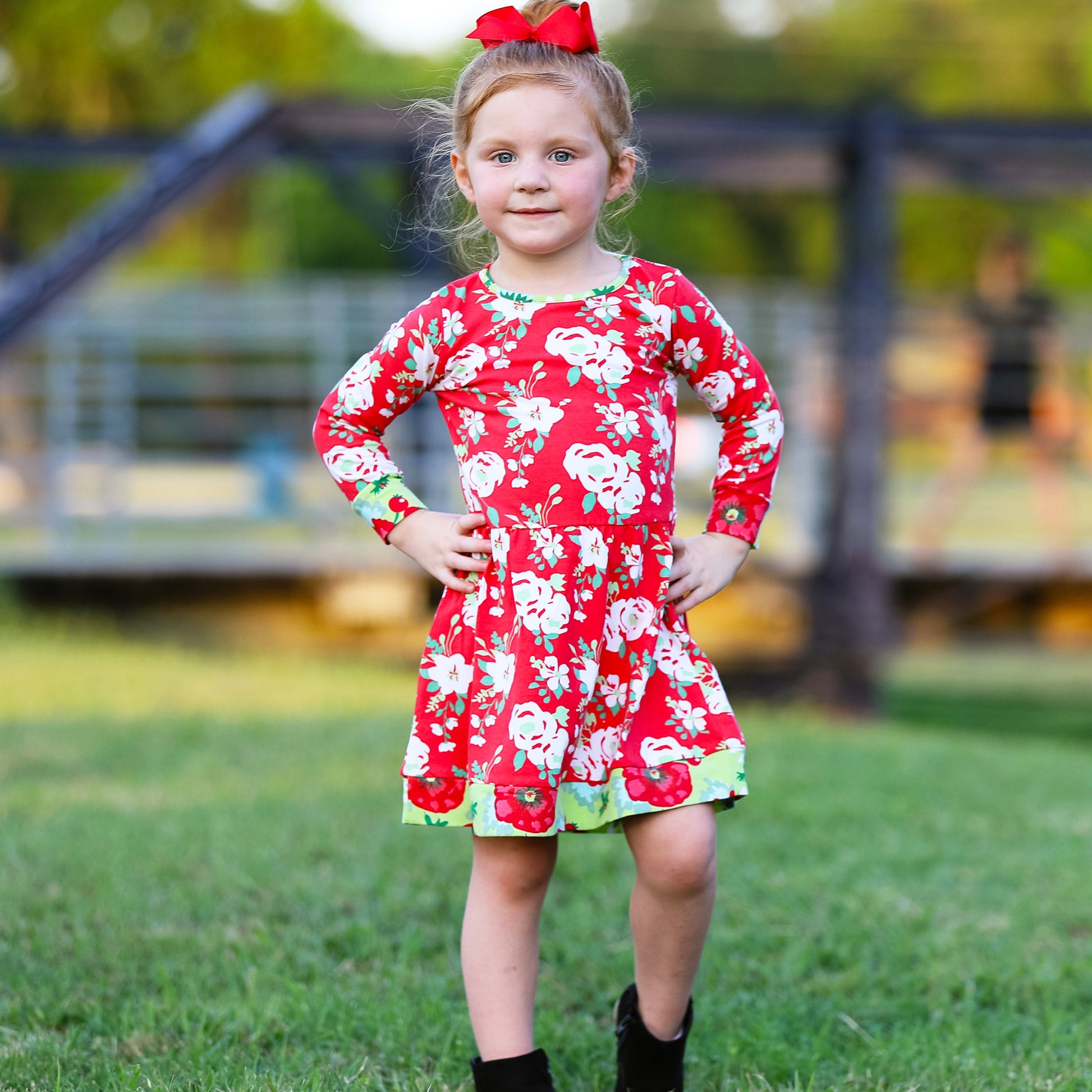 AnnLoren Girls Boutique Christmas Floral Long Sleeve Cotton Party Dress-2