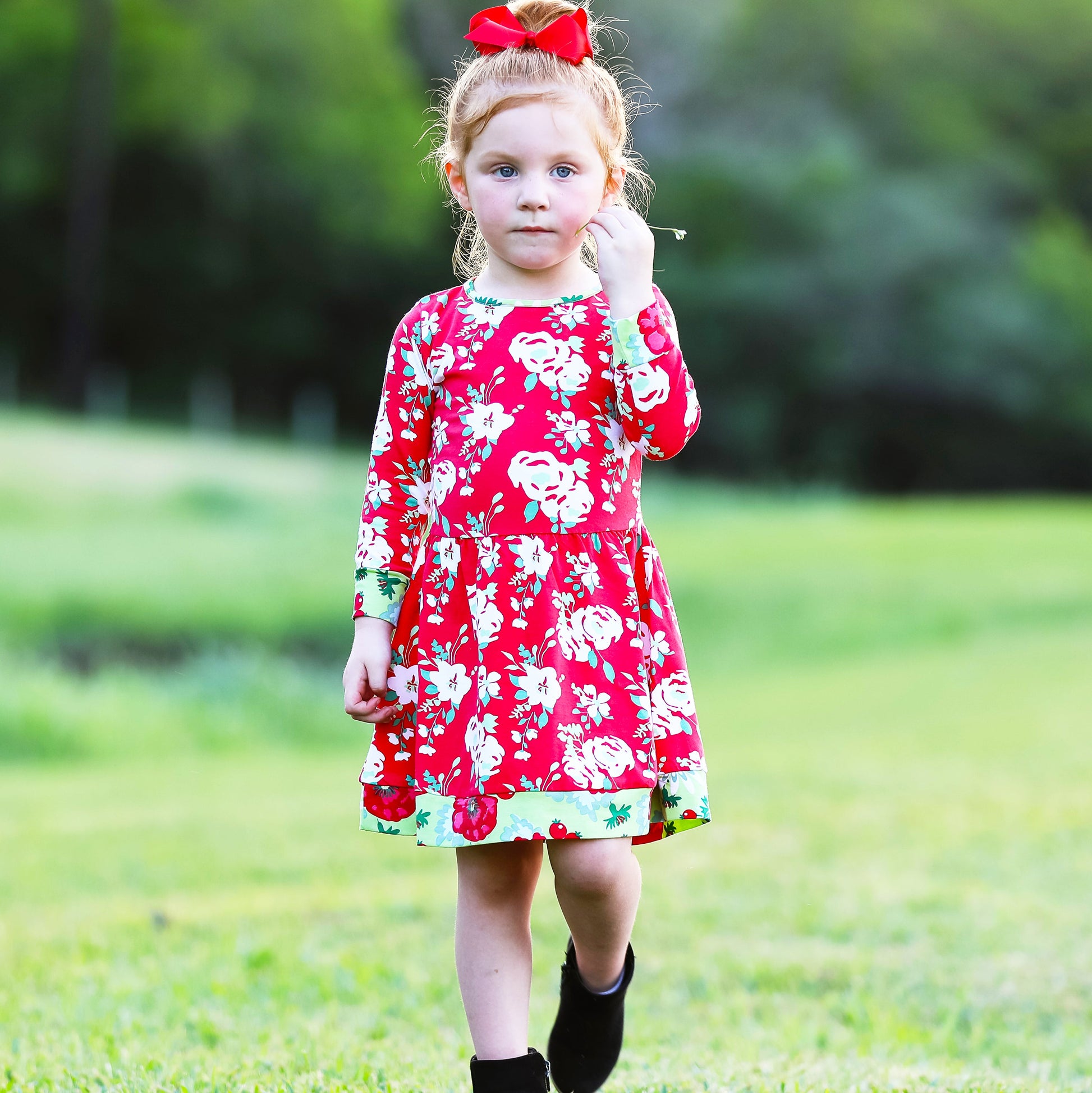 AnnLoren Girls Boutique Christmas Floral Long Sleeve Cotton Party Dress-3