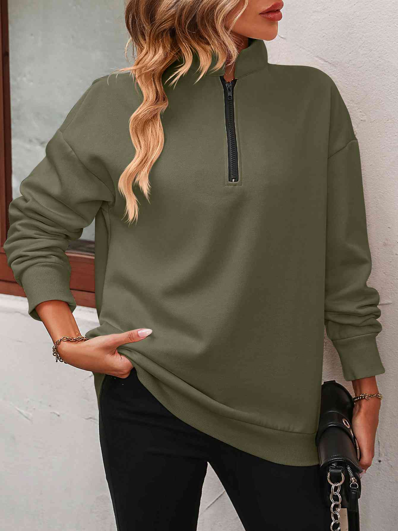 Army Green Zip-Up Dropped Shoulder Sweatshirt