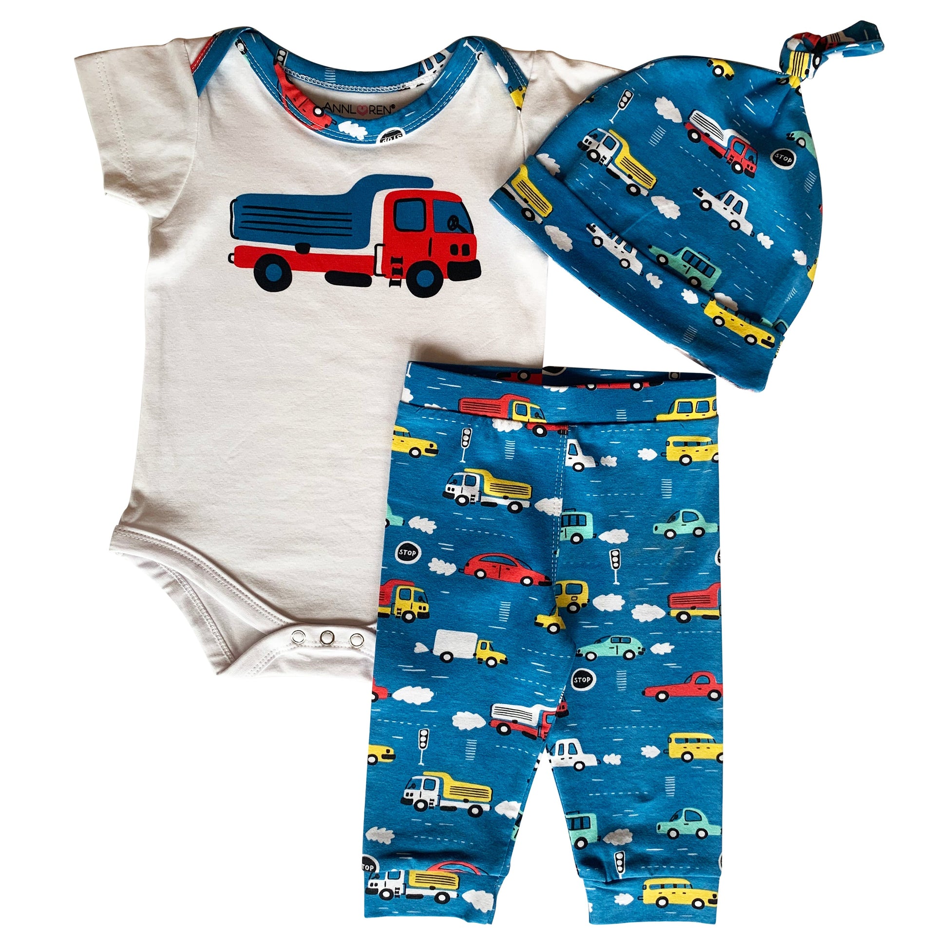 AnnLoren Baby Boys Layette Cars Trucks Onesie Pants Cap 3pc Gift Set Clothing-0