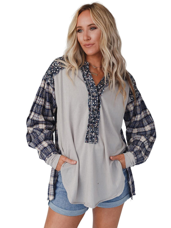 Women's round neck plaid printed loose long sleeve top