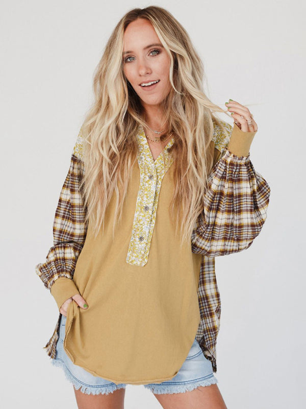 Women's round neck plaid printed loose long sleeve top
