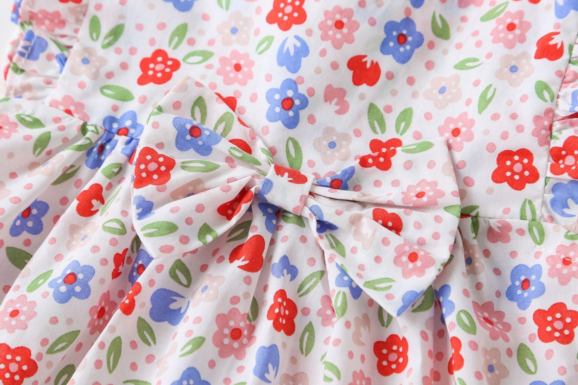Baby Girls Floral Print Pattern With Bow Tie Design Round Collar Sleeveless Princess Newborn Onesies Dress-1