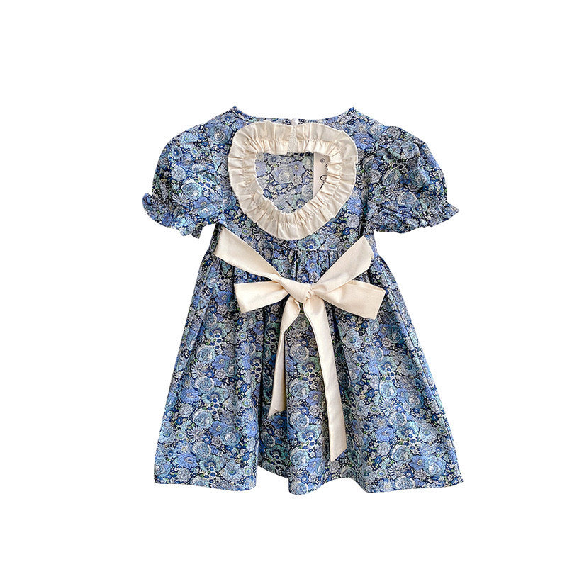 Baby Girl Floral Embroidered Pattern Lace Patchwork Design Backless Puff-Sleeved Dress-4