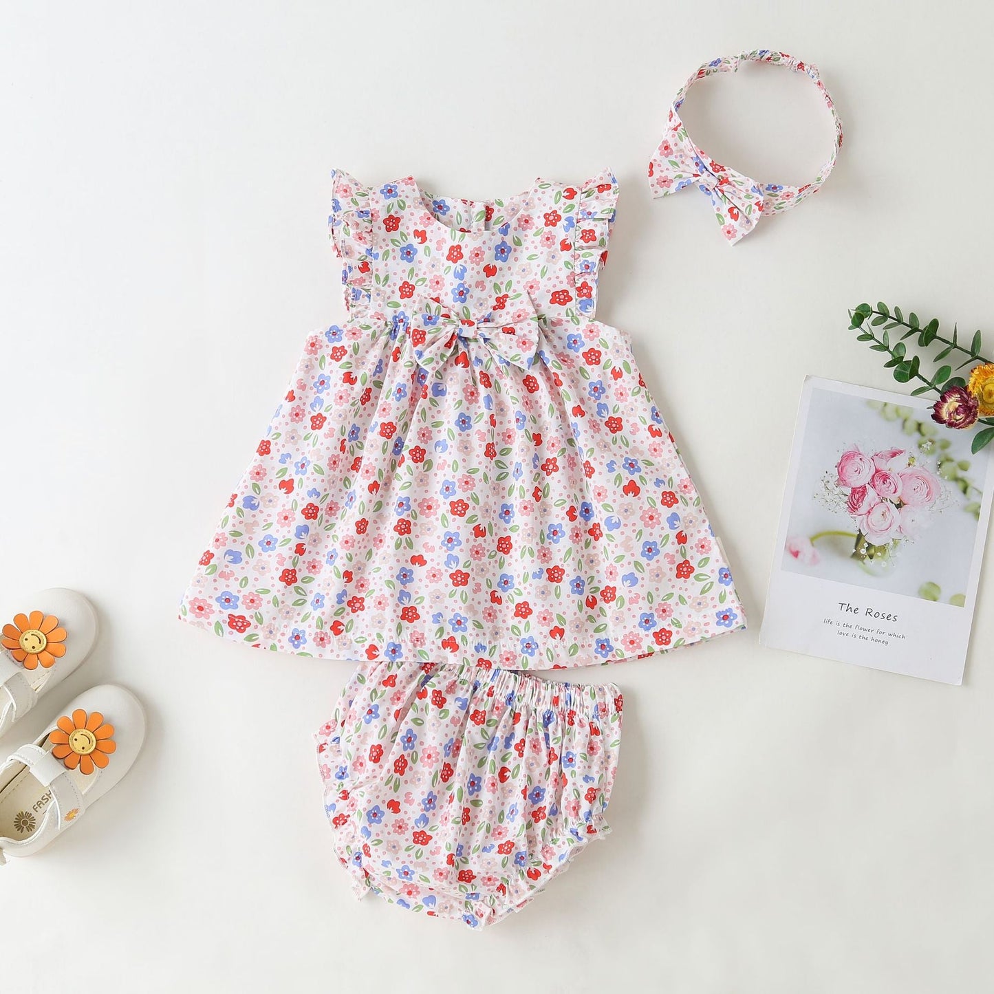 Baby Girls Floral Print Pattern With Bow Tie Design Round Collar Sleeveless Princess Newborn Onesies Dress-0